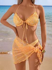 SHEIN Swim Women 3 Piece Beach Outfits, Random Ditsy Floral Halter Neck Tied Waist Beach Dress, Summer Swimwear - Orange - View 1