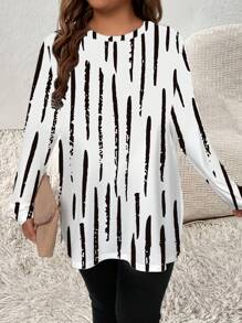 SHEIN LUNE Plus Size Allover Print Crew Neck Long Sleeve T-Shirt - Black and White - View 5