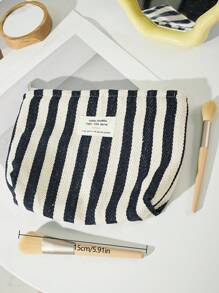 Striped Letter Design Cosmetic Bag, Large Capacity Portable Makeup Pouch For Daily Use