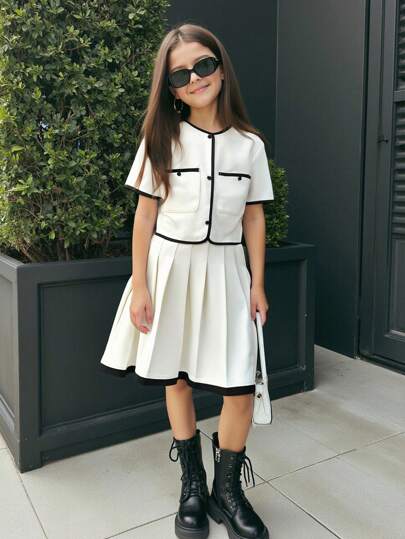 SHEIN Nova Glow Tween 女童梭织拼色短袖上衣和百褶裙套装