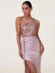 Glamine 不对称领口亮片拼接高腰侧褶开衩优雅连衣裙，女士长裙，派对礼服，生日女士服装，紫色女士礼服，晚宴服装，伴娘礼服，性感礼服，半正式礼服，正式长袍女士服装，优雅女士礼服 - 藕粉色 - 查看 7