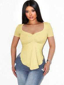 Zolique Foxxy Simple Solid Color Casual Square Neck Asymmetrical Hem Design Women Long Sleeve T-Shirt - Yellow - View 6