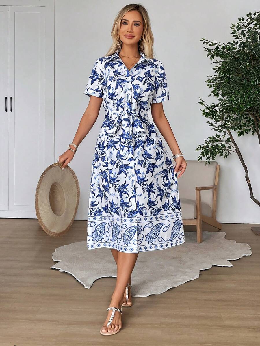 EMERY ROSE Women's All-Over Print Button Front Casual Vacation Shirt Dress - Multicolor - View 1