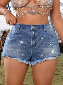 SHEIN ICON Luxury Rhinestone Embellished Plus Size Denim Ultra Shorts - Medium Wash - View 4