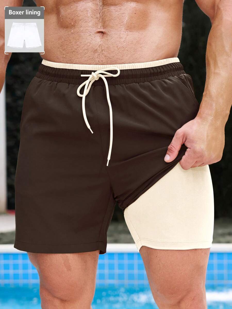 ZELFYO Men 2 In 1 Drawstring Waist Swim Trunks Milk Silk Lining - Brown - View 1