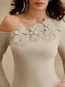 Anewsta Women's Elegant Floral Embroidered & Studded Slim Fit Open Shoulder Asymmetrical Knit Top, Suitable For Festivals, Going Out, Vacation - Khaki - View 4