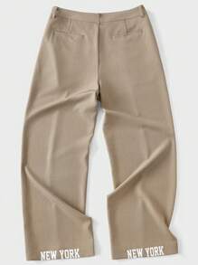 SHEIN Forever 21 Men's Straight-Leg Fitted Brown Trousers With Printed Letters On The Hem/Toothpick Pleat Design/Summer Trousers/Office Wear/Office Commuting/Formal/Western/Cocktail/Suit Trousers - Coffee Brown - View 2