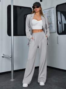 RueChic Women's Casual Stripe Color Notched Label Collar Blazer And Pants Set