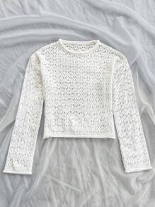 SHEIN Unity 百搭休闲纯色圆领镂空针织套头衫，秋冬皆宜 - 白色 - 查看 3