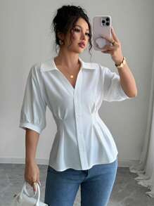 Franclia Premium Sense 白色领口 V 领短袖修身女式上衣，简约衬衫 - 白色 - 查看 3