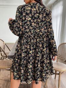 SHEIN LUNE 大码女式圆领长袖腰部隐藏式碎花及膝休闲连衣裙