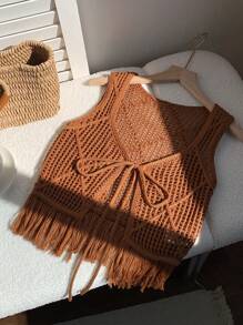 Comfortcana 女式西式纯色镂空流苏下摆前系带针织背心