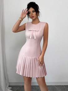 Elenzga 无袖蝴蝶结收腰优雅法式百搭连衣裙，粉色