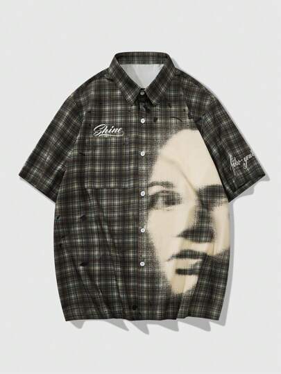 Grunge Punk Camisa casual de manga corta para hombres con estampado de figuras a cuadros