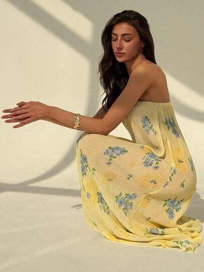 Aloruh 全新露肩褶皱海滩度假性感修身艺术印花无袖连衣裙