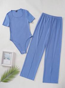 2pcs/Set Tween Girls Minimalist Solid Color Square Neck Short Sleeve Swimsuit Bottoms & Relaxed Pants Home Outfit - Blue - View 1