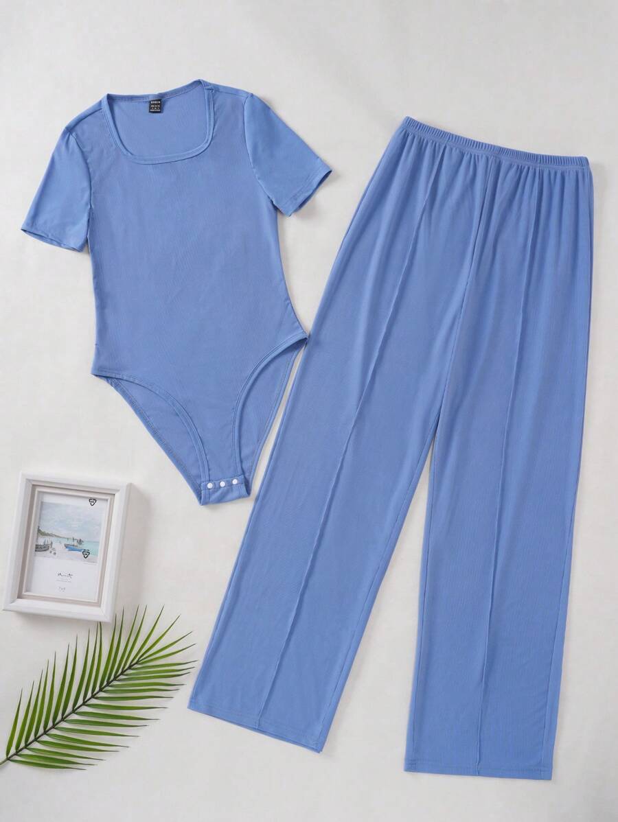 2pcs/Set Tween Girls Minimalist Solid Color Square Neck Short Sleeve Swimsuit Bottoms & Relaxed Pants Home Outfit - Blue - View 1