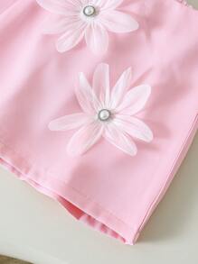 2 Pieces Set Young Girl Pearl 3D Flower Decor Ruffle Top & Solid Color Skirt Outfit, Elegant & Princess Style For Summer - Pink - View 3
