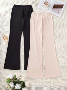 SHEIN 2pcs Women's Solid Color Front Drawstring Waist Soft Texture Rib Knit Lounge Pants - Multicolor - View 3