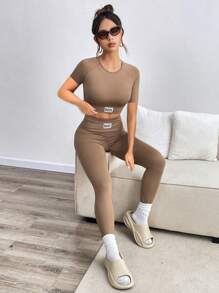 INAWLY 2pcs/Set Women Letter Print Cropped Top And Leggings - Coffee Brown - View 4