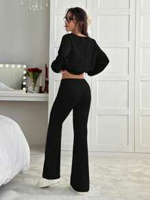 SHEIN EZwear 2pcs/Set Women's Black Asymmetrical Shoulder Sweatshirt & Flared Sweatpants - Black - View 2