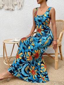 Breezaya Vestido tipo top, nuevo modelo 2025 con cintura ceñida de estilo retro, vestido de satin con estampado de paisley y flores, cuello cuadrado, cintura ceñida, vestido casual y favorecedor para vacaciones - Azul - Ver 5