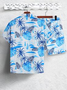 Manfinity RSRT 2pcs/Set Men Tropical Plant Print Short Sleeve Shirt And Shorts Set, Holiday Casual - Multicolor - View 2