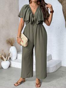 Breezaya Plus Size Women Green Ruffled Side Pocket Straight-Leg Jumpsuit