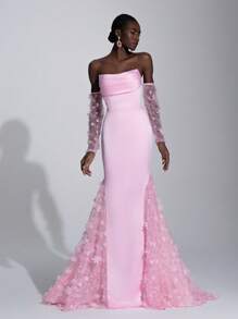 Elitara 优雅奢华 3D 花卉蕾丝拼接缎面网眼可拆卸长袖美人鱼连衣裙，适合婚礼、派对、单身女士派对、度假、舞会、晚礼服（重刺绣）、正式、婚礼宾客 - 粉色 - 查看 5