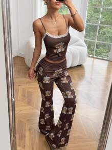 SHEIN EZwear Bear Print Camisole Top And Flared Pants Set,Summer Sets - Brown - View 3