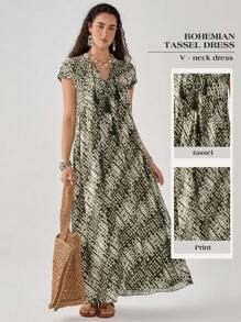 Florisole Women's Bohemian Green V-Neck Fringe A-Line Dress, Spring/Summer - Multicolor - View 1