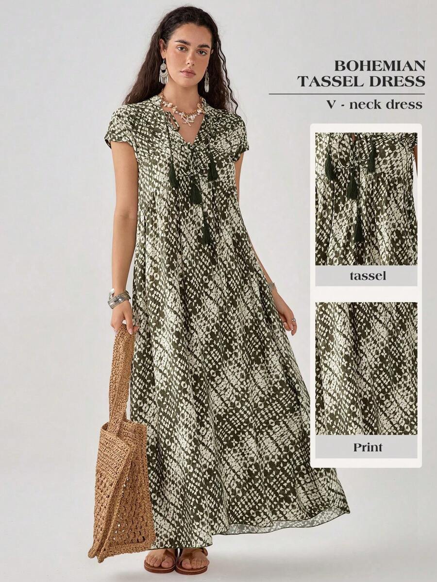 Florisole Women's Bohemian Green V-Neck Fringe A-Line Dress, Spring/Summer - Multicolor - View 1