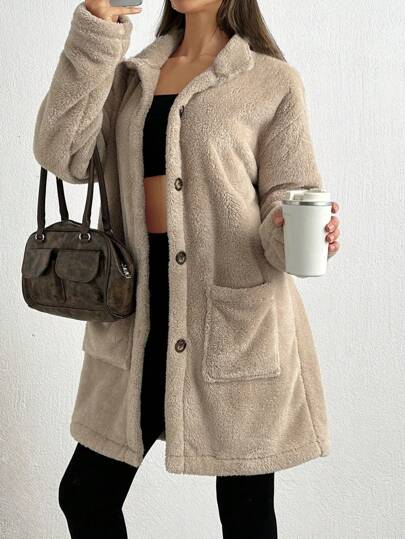 SHEIN Tall Front Pocket And Button Detailed Hooded Very Cozy And Soft Faux Fur Women Coat, Tall Women