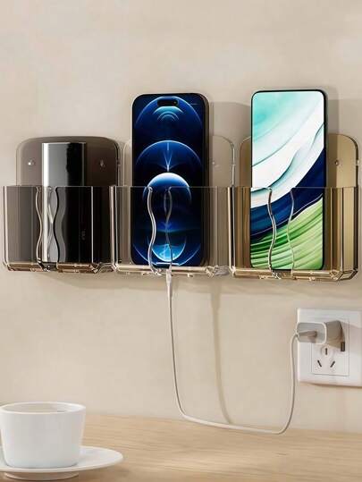 SHEIN 1pc Wall-Mounted Remote Control And Mobile Phone Holder, No Hole Charging Bracket, Transparent Design Storage Box For TV And Air Conditioner Remote Controls. Space-Saving Organizer