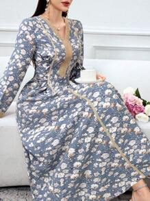 Al Najma Women's Floral Print Patchwork Belt Long Sleeve Elegant Arabic Style Dress,Modest