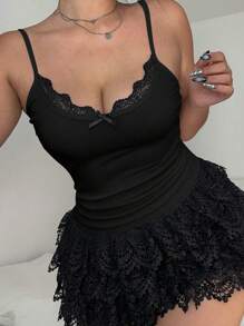 POPSWAY Plus Size Elegant Solid Color Lace Trim Camisole, Summer