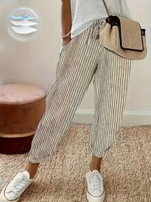 Calvaya Damen einfache Hose mit elastischem Bund, gestreiftes Muster, Lässig Weites Bein