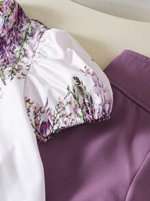 SHEIN 2 件套：花卉印花泡泡袖衬衫和直筒裤，适合年轻女孩 - 彩色 - 查看 5