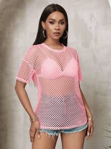 Slaydiva Music Festival Black Versatile Sexy Casual Loose Mesh Crochet Women's Short Sleeved T-Shirt Top - Pink - View 3