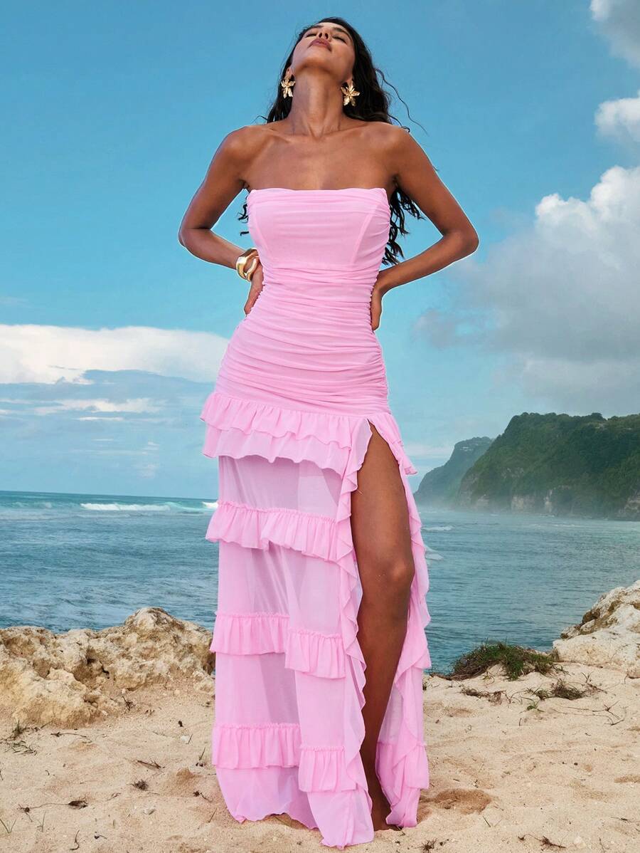 Opulessa Đầm bodycon xếp nếp đan nhiều tầng màu trơn cho nữ - Hồng - Xem 1