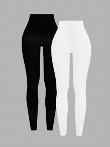 CovetEZ Plus Size Women Solid Color Asymmetric Waist Ribbed Leggings - Black - View 2