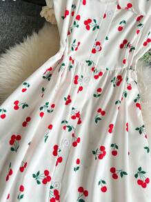 INAWLY Fashionable Square Neck Cap Sleeve Ruched Waist Cherry Print Mini Dress - White - View 4