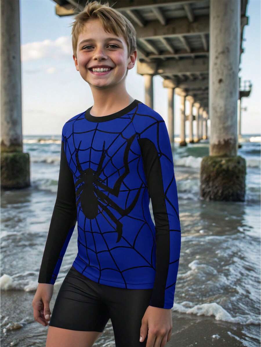 SHEIN Tween Boy Casual Beach Spider Web Graphic Rash Guard & Swim Trunks Set - Blue - View 1