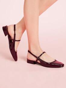 CUCCOO DOLLMOD Women's Fashion Vintage Shiny Patent Leather Mary Jane Backless Square Toe Flat Shoes, Comfortable For Commute, Dates, Parties, Holidays, Weddings, Cute School Style - Bordeaux - View 5