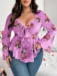 Calvaya 大码女式情人节花卉印花系带长袖休闲 T 恤