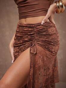 Hauture Women's Boho High Slit Ruched Brown Floral Lace Handkerchief Hem Maxi Skirt,Summer Seductive Night Spring Long Skirts - Brown - View 2