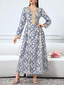 Al Najma Women's Floral Print Patchwork Belt Long Sleeve Elegant Arabic Style Dress,Modest