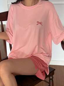 DAZY Bow Printed Minimalist Knit Matching T-Shirt And Shorts Women's Home Wear Set Pajama - Pink - View 4