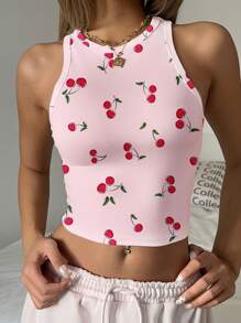 CovetEZ 休闲简约樱桃印花粉色圆领修身女式背心，适合夏季 - 粉色 - 查看 6