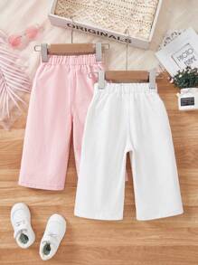 SHEIN Bộ 2 món quần jeans ống đứng rộng màu trắng và hồng cho bé gái, thích hợp mặc đi nghỉ mát mùa xuân hè, phong cách đồng quê boho, đi biển cho bé, phong cách đường phố miền Tây cho bé gái, kỳ nghỉ xuân, quần jeans denim dự tiệc rave - Nhiều màu - Xem 2